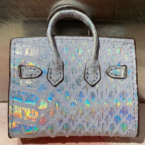 🐍 👜 Handmade Genuine Leather Mini Holographic Lilac Snakeskin Birkin Bag Charm - Picture 5 of 12